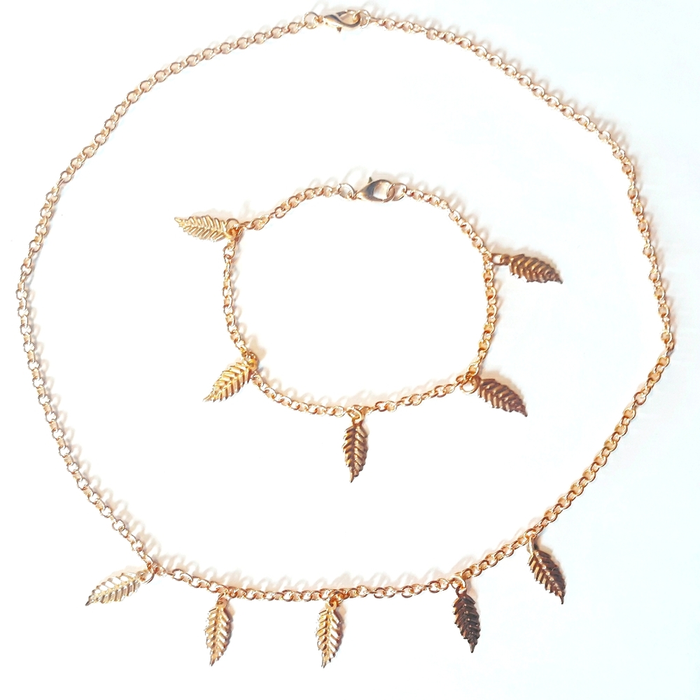 Gold Feather Necklace And Bracelet